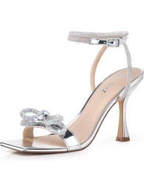 Women's Patent Silver Double Bowknot Open Toe Sparkly Strappy Party Wear Heels